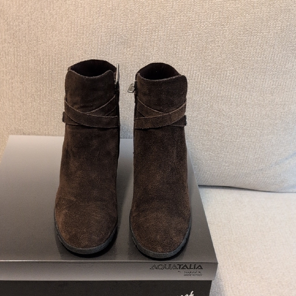 Aquatalia Dark Brown Suede Wedge Ankle Boots - Picture 7 of 7